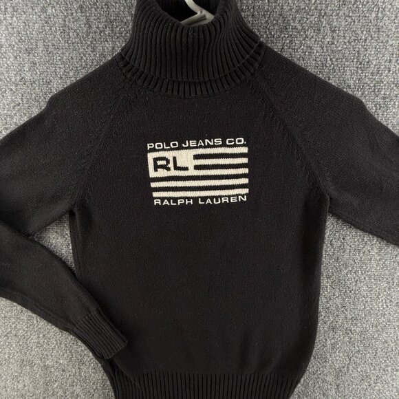 Polo Jeans Ralph Lauren Women Flag Sweater Knit Black Turtleneck Small Pullover - Picture 1 of 13